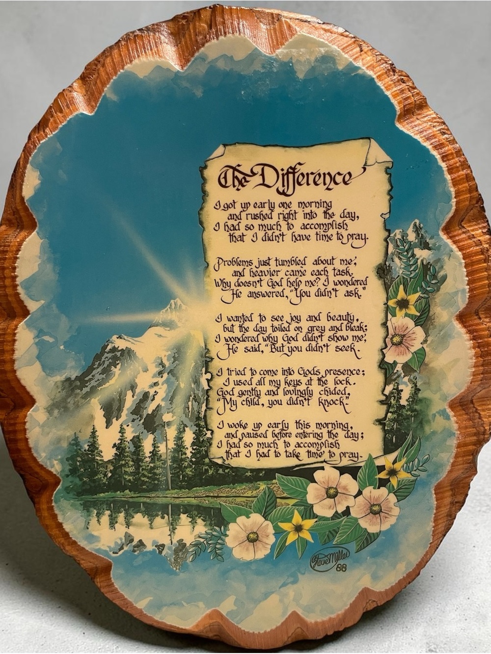Vintage 1980’s Woodland Script Wall Plaque with Blue Sky and Floral Accents